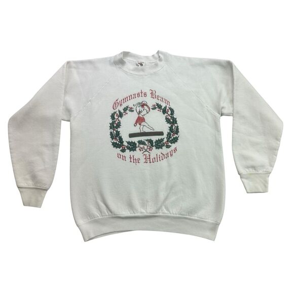 Vintage Christmas Sweatshirt Womens Large L White Gymnasts Beam on The Holidays - Picture 1 of 13